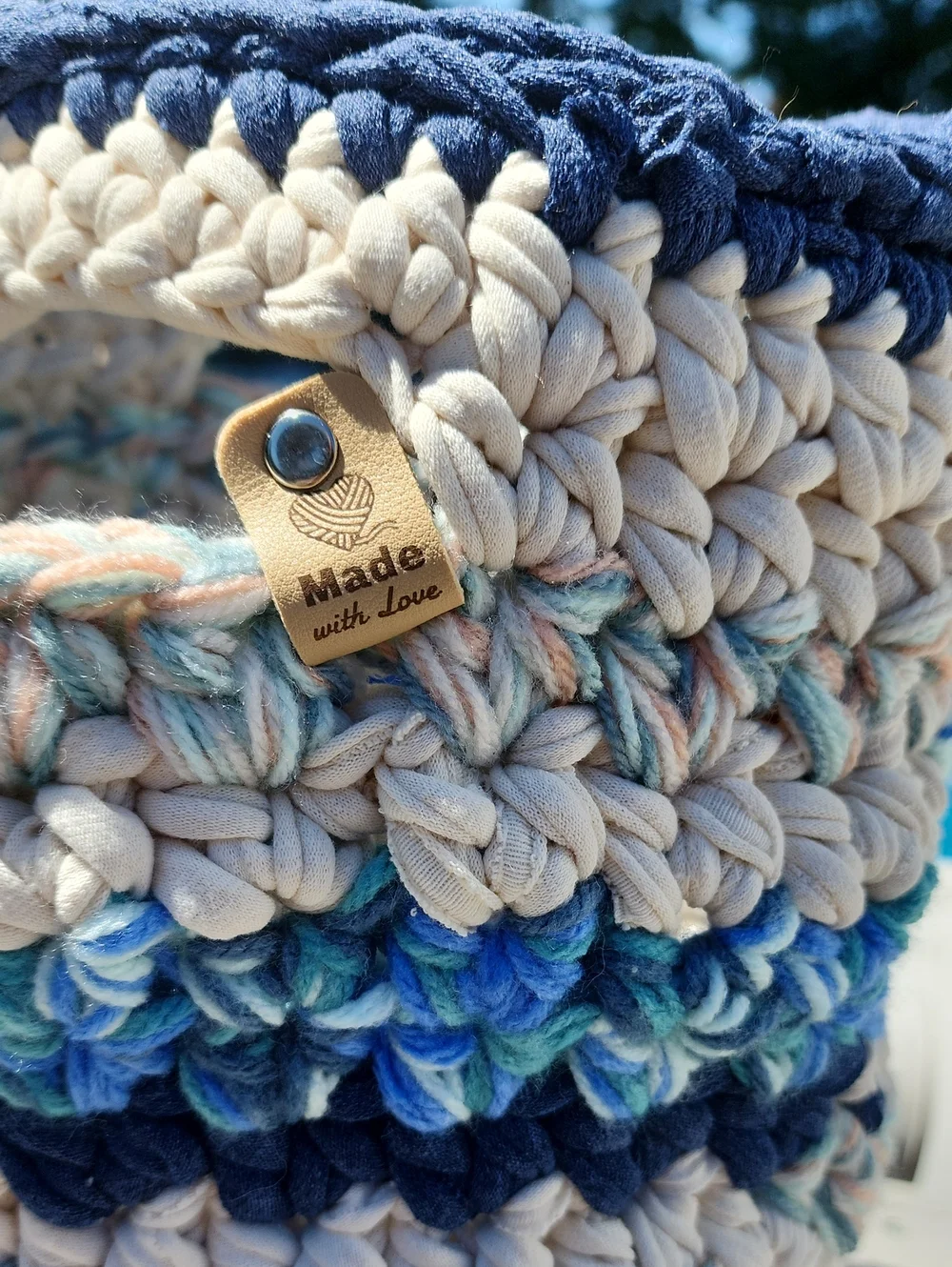 Handmade Nautical Blue & Cream Crochet Storage Basket - Or Tote